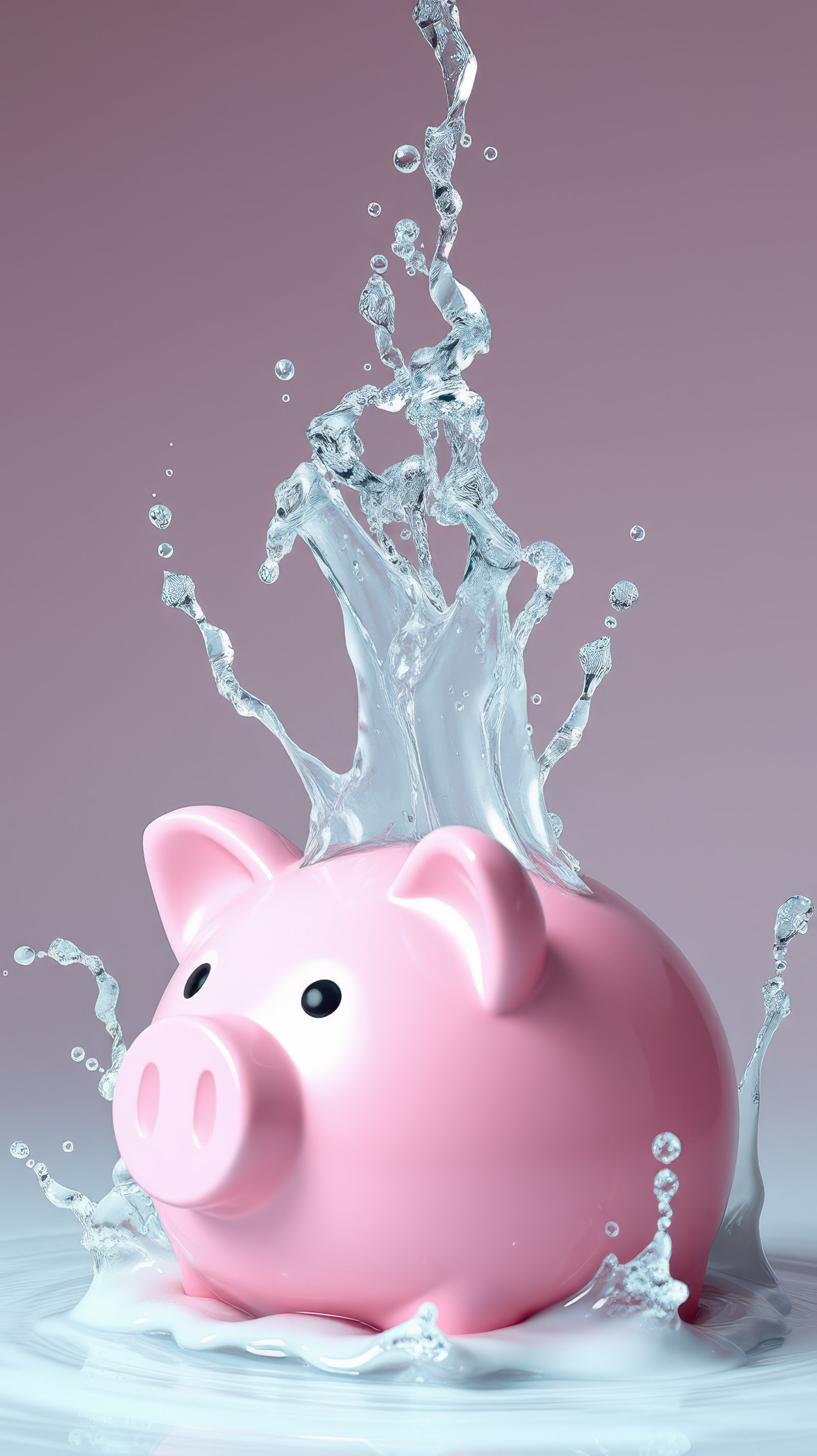 Water splashes dramatically around a pink piggy bank in a playful display of savings and fun
